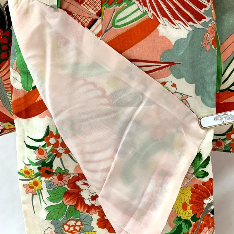601ag6□七五三 三歳 セミアンティーク女児 着物&帯 鶴 白□美品