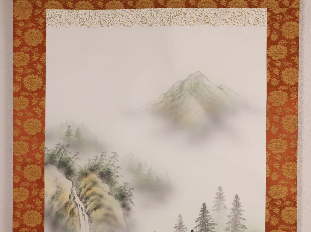 【真作】日本画 寿山 招福山水図 絹本 掛軸 青緑 彩色 福の神 MB158