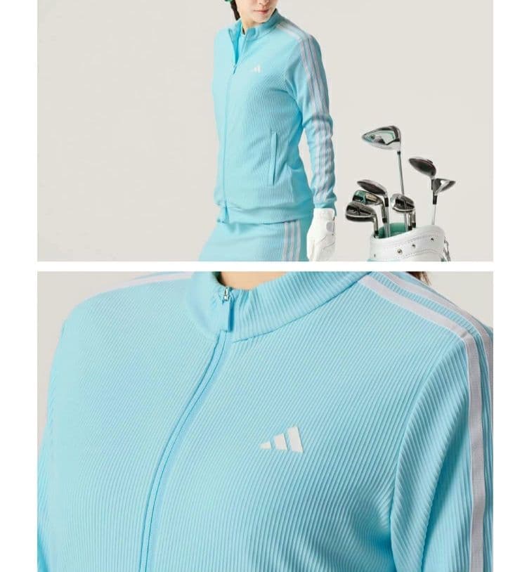 新品 adidas golf セットアップ モックネック リブ素材 クリアアクア