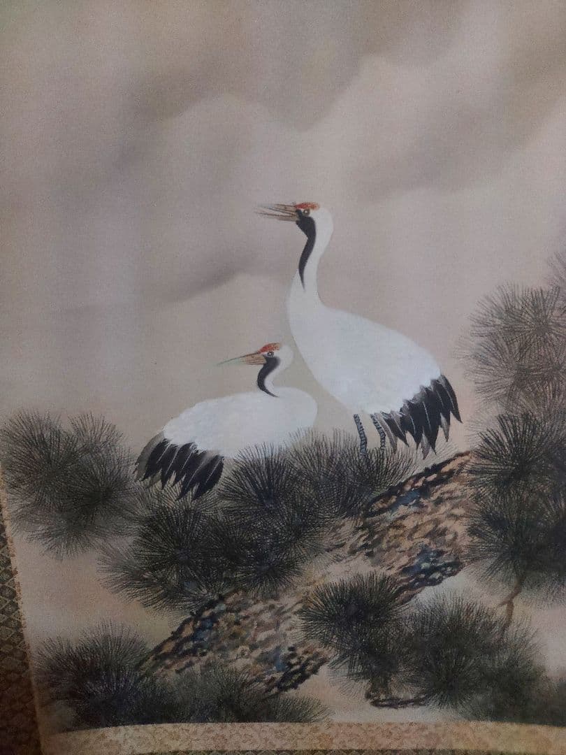 掛け軸 一正 紅富士双鶴 掛軸 美品 ♪