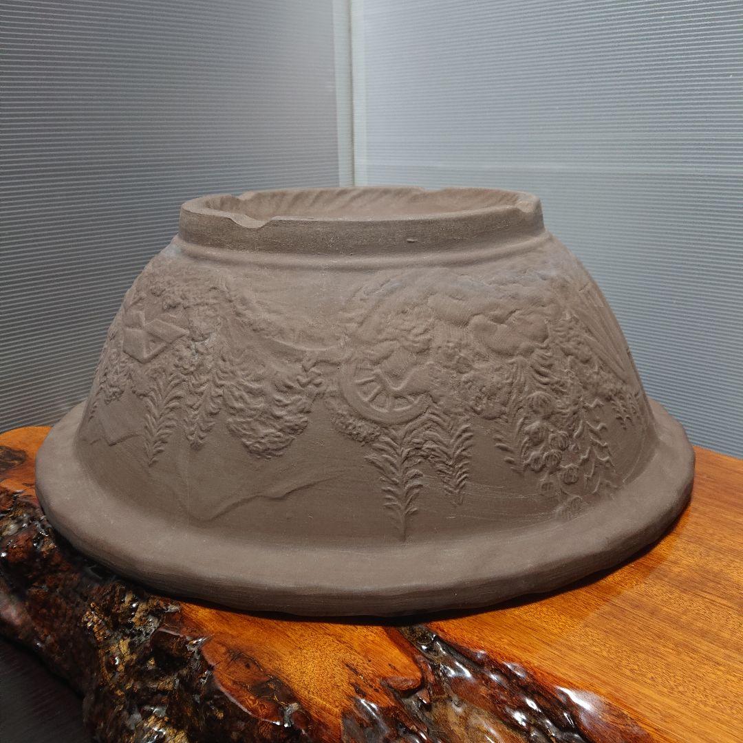 丸型 盆栽鉢 大型 特大 陶器製 竹林 彫刻 山村風景 植木鉢 bonsai