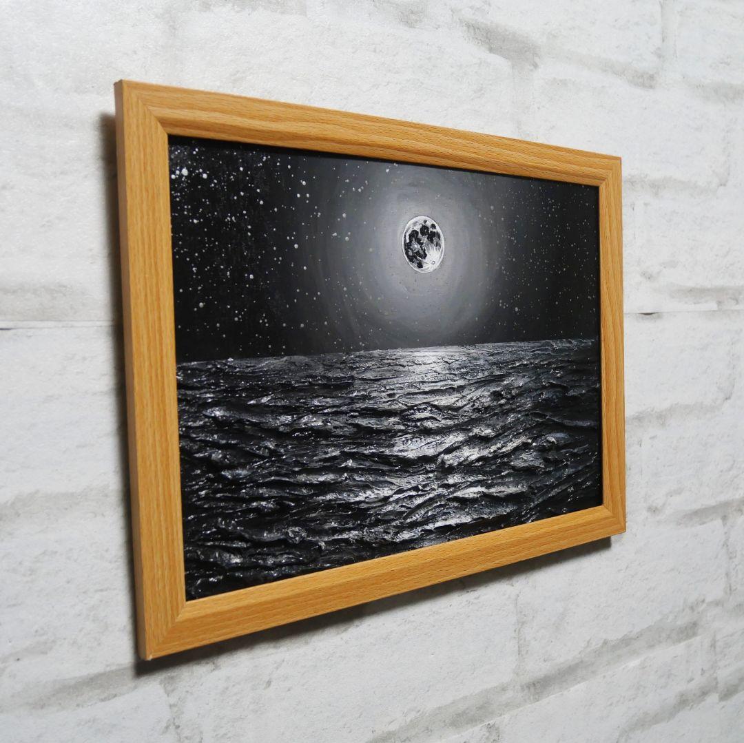 油絵 油彩 油彩画 絵 絵画 【白黒の満月と星空の海】
