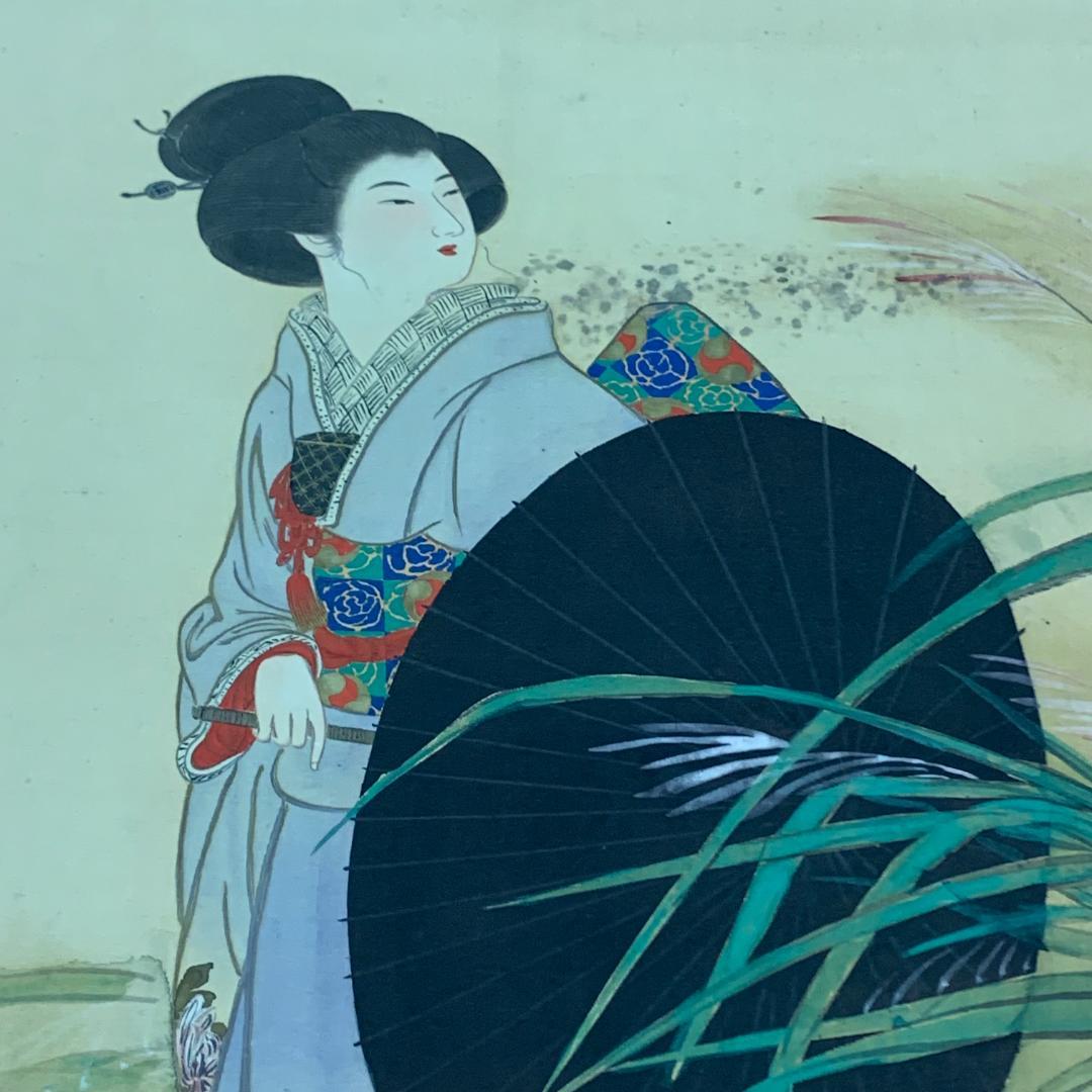 掛軸 藍川 立姿美人図 サイン・落款あり 普段掛け 年中掛け 浮世絵 美人画