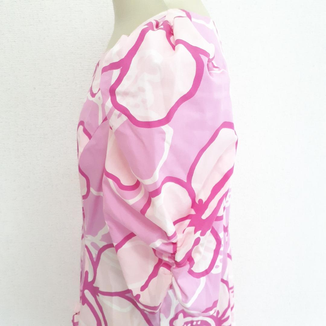 美品◎メネフネプランテーション フラダンス用ドレス ピンク 桃色 ハイビスカス柄