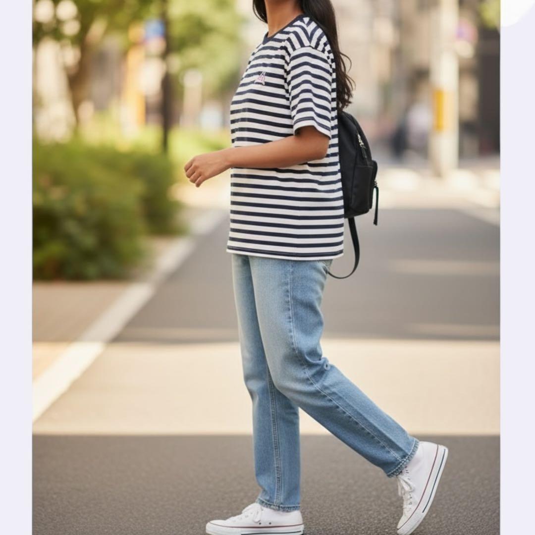M062【新品】星たぬきボーダーTシャツ 半袖　ネイビー✕白