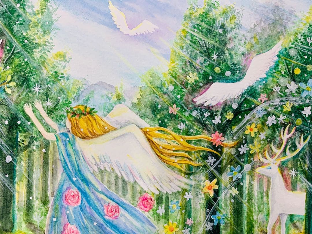 【森の音色に誘われて】絵画 ,原画,天使,森,緑,angel,樹木,光,白鹿,鳥