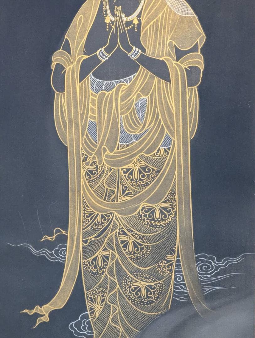 【真作】掛軸　観音菩薩立像　金彩　黒地　荘厳仏画　金描　合箱入　V165