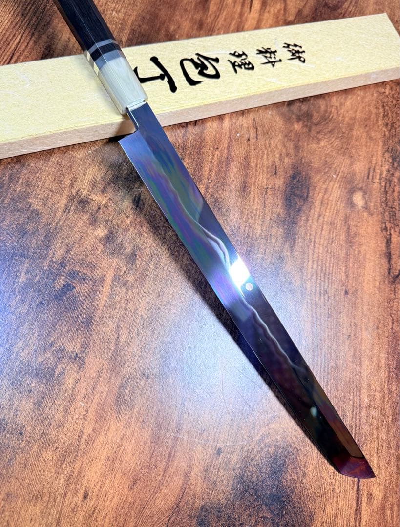 池田美和　蛸引 先丸　水本焼　白一鋼　富士山 全鏡面 尺　黒檀白水牛八角柄