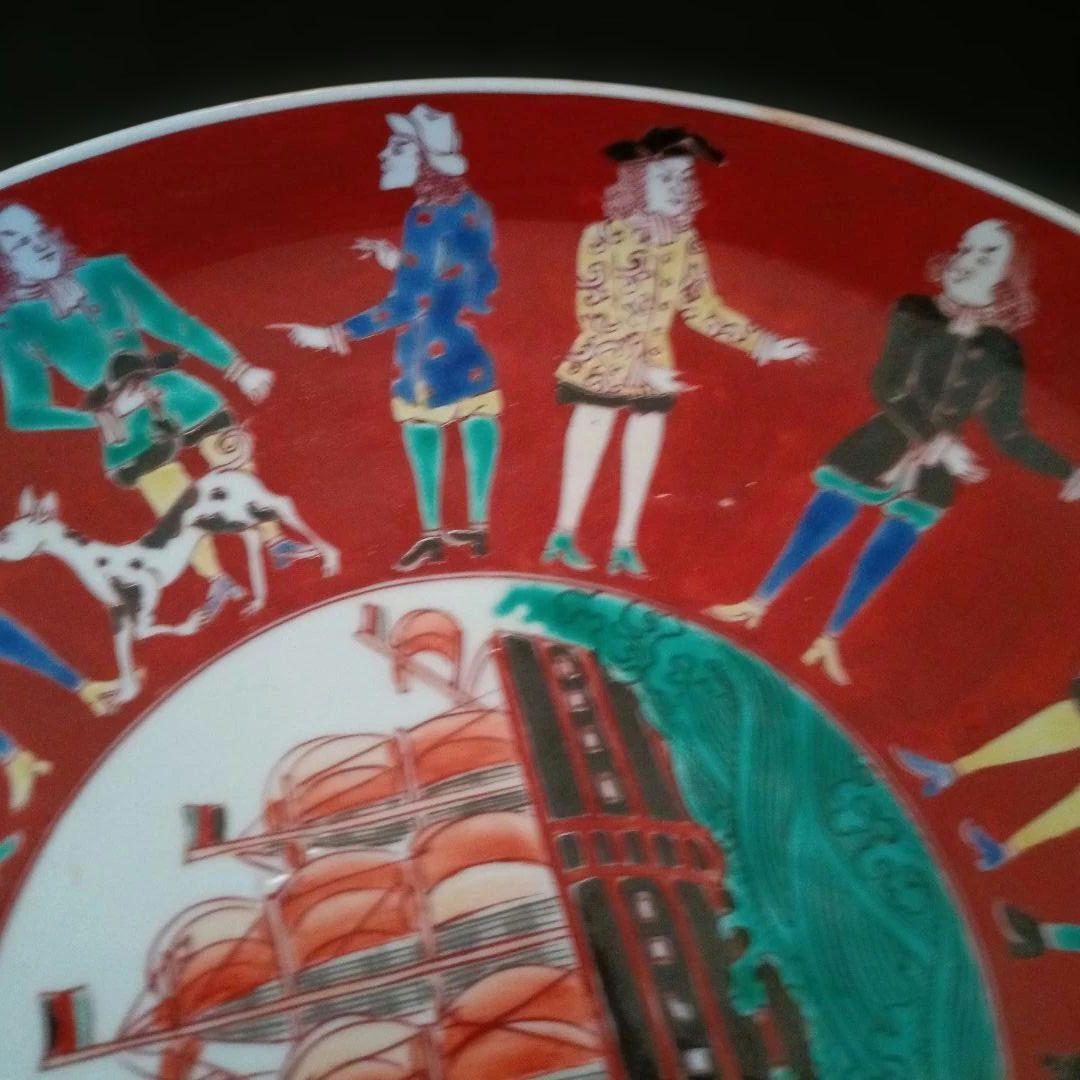 【古伊万里】オランダ人絵図　色絵　帆船図　江戸時代　時代物　大皿