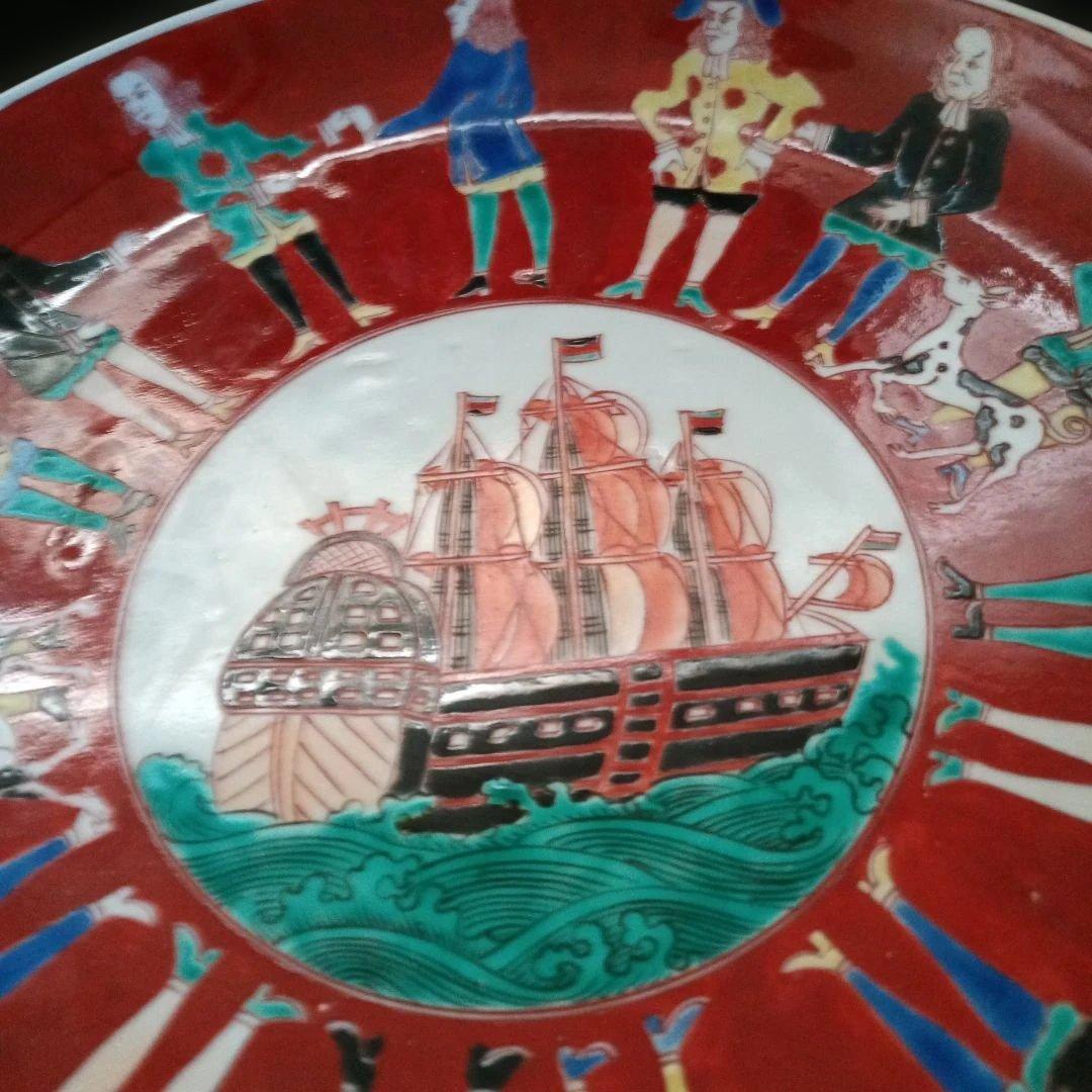 【古伊万里】オランダ人絵図　色絵　帆船図　江戸時代　時代物　大皿