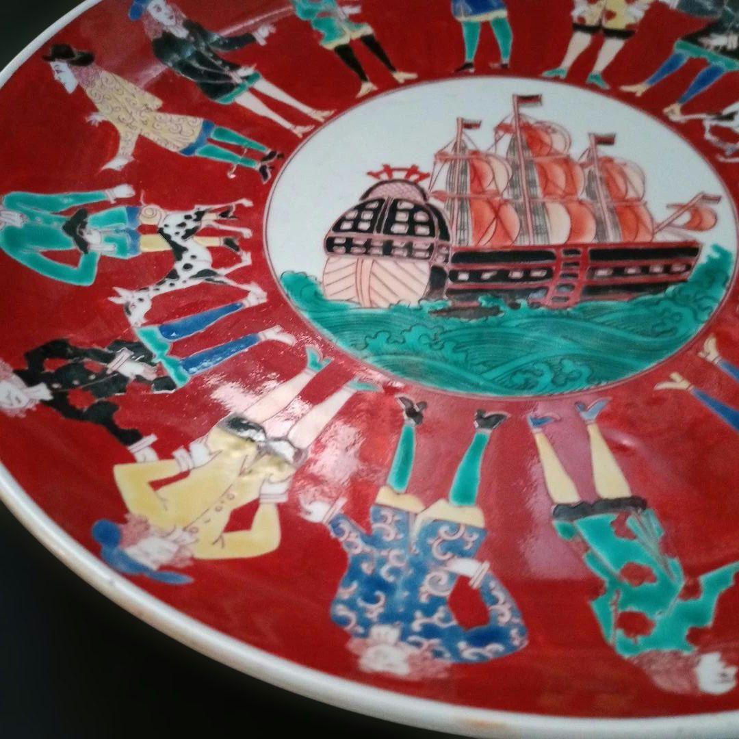 【古伊万里】オランダ人絵図　色絵　帆船図　江戸時代　時代物　大皿
