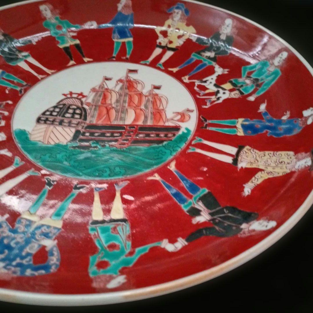 【古伊万里】オランダ人絵図　色絵　帆船図　江戸時代　時代物　大皿