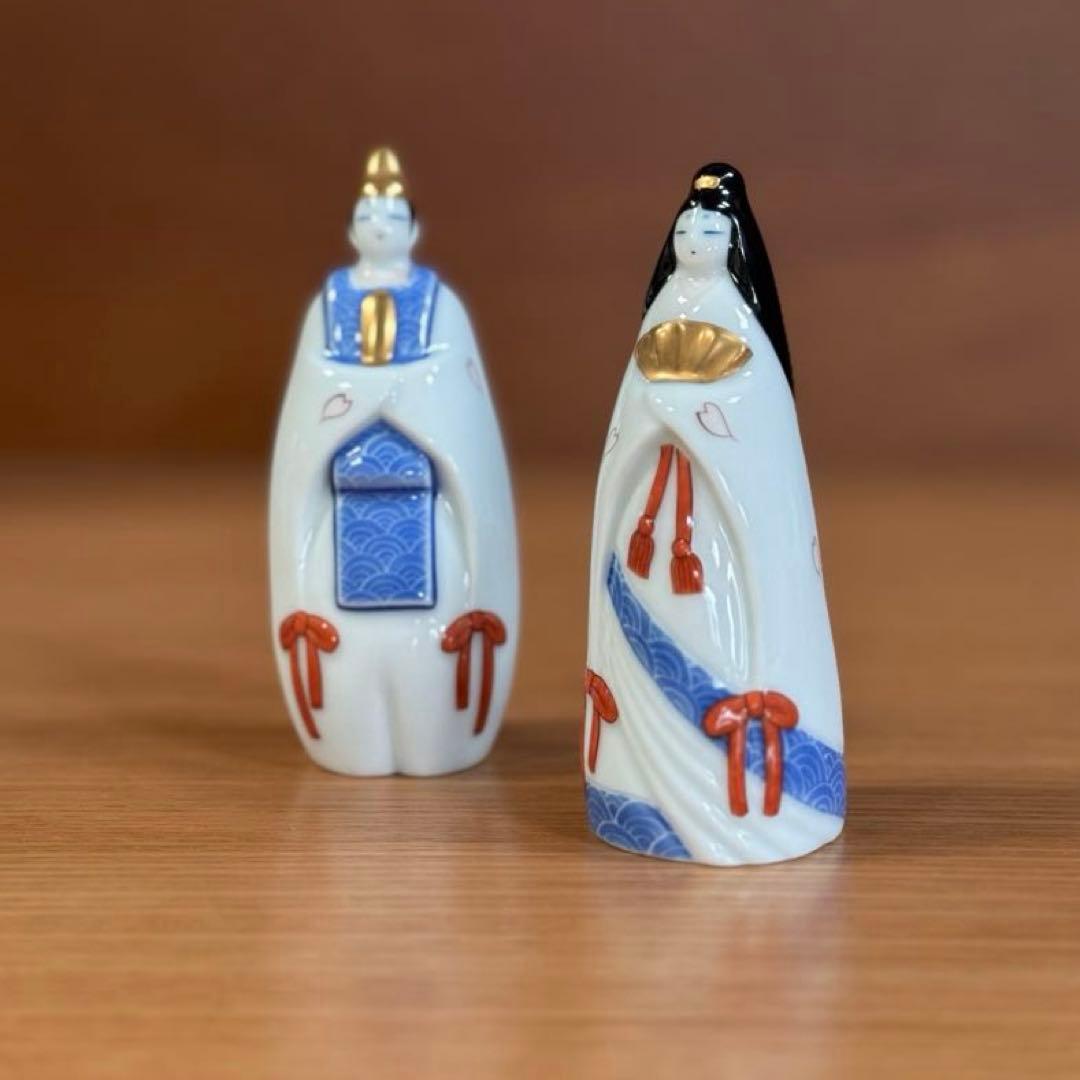 伊万里焼 畑萬陶苑 色絵金彩墨弾き青海波文 夫婦雛☆