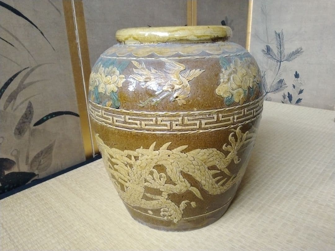 仕事がとても良いピータン壺　中国民芸　骨董　古美術　古壺　古玩　甕　置物飾り