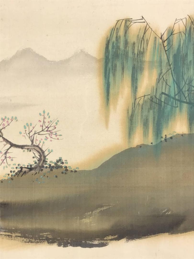 【真作】周山/春景江山帆舟図/山水図/横物/掛軸/名家伝来/AD-341