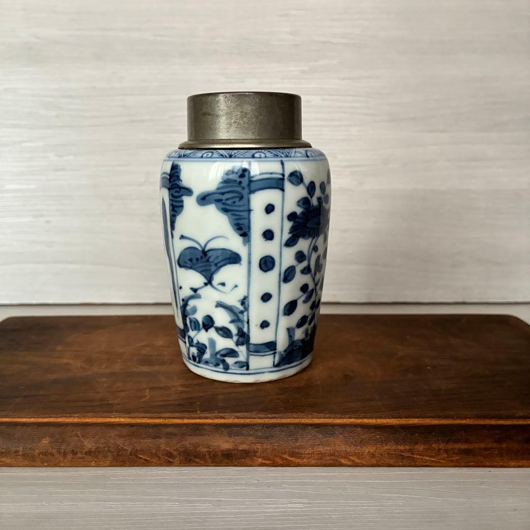 【骨董】染付 茶入 小壺 花鳥文　茶心壺　煎茶道具　茶道具　時代物　古道具