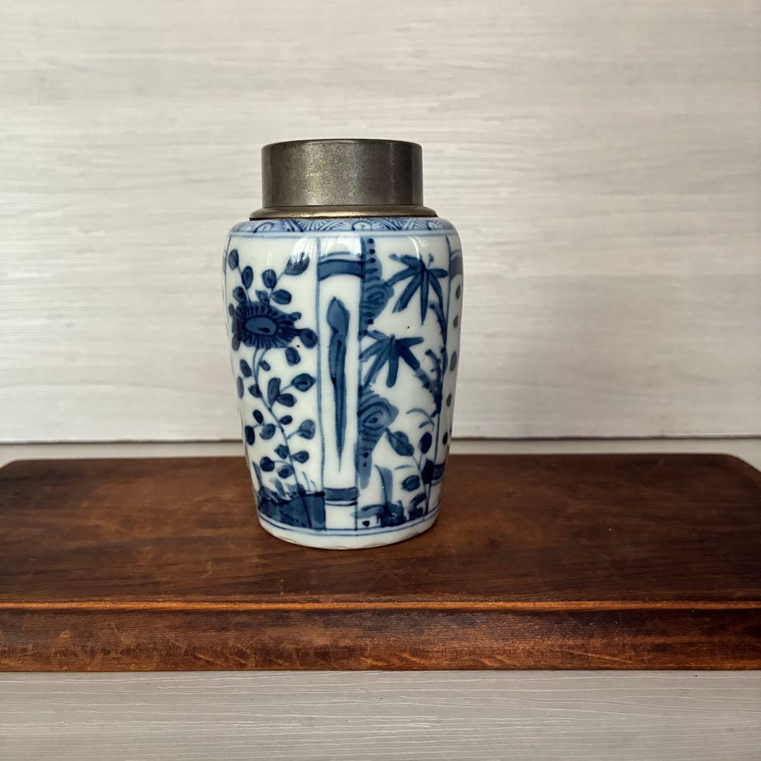【骨董】染付 茶入 小壺 花鳥文　茶心壺　煎茶道具　茶道具　時代物　古道具