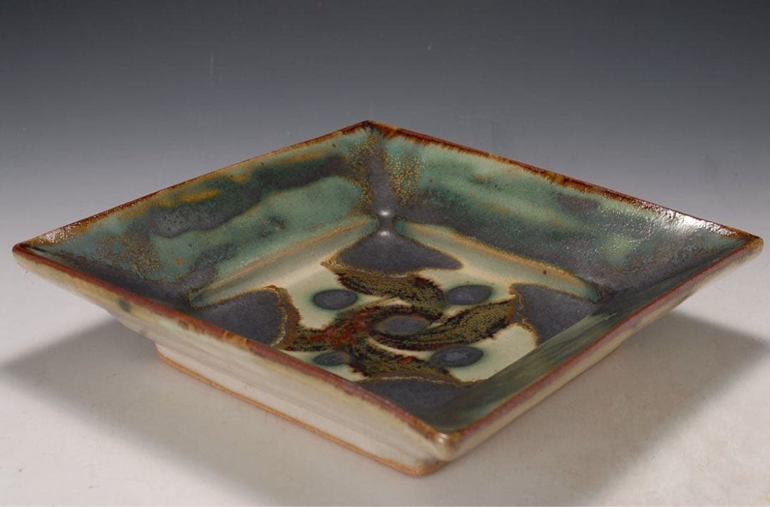 作家物 緑釉鉄絵角皿 検）河井寛次郎 島岡達三 陶器 陶芸 皿 角皿 民藝 骨董