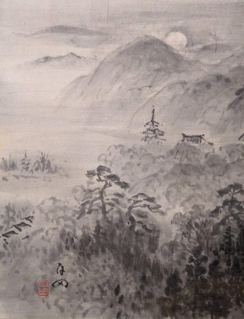 【真作】絵画　長谷川畠　日本画6号　京の東山風景　静寂を描いた墨絵　V22
