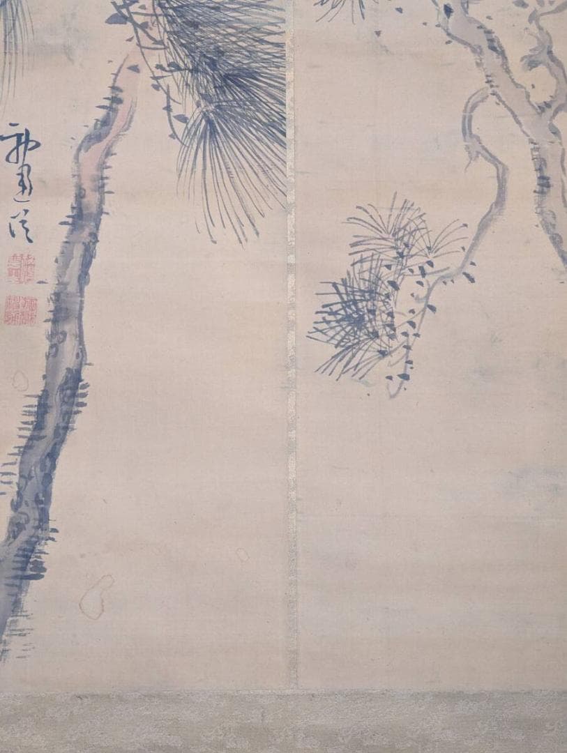 【真作】掛軸　老松図　墨画淡彩　松樹の古雅な風情　山水画逸品　V58