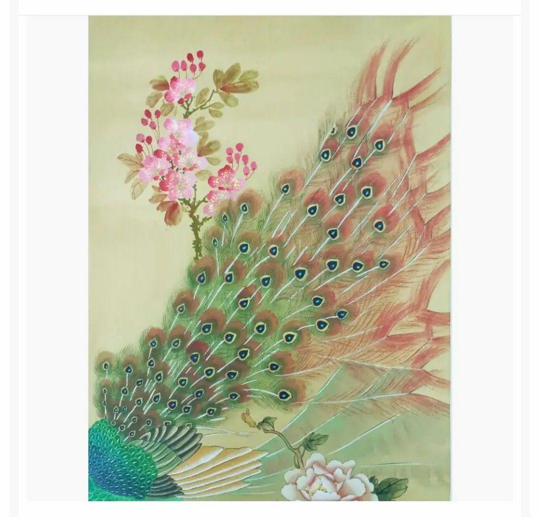 金運開運◎【孔雀と蜂の吉祥花図】縁起物 掛け軸 和室小物 花鳥風月