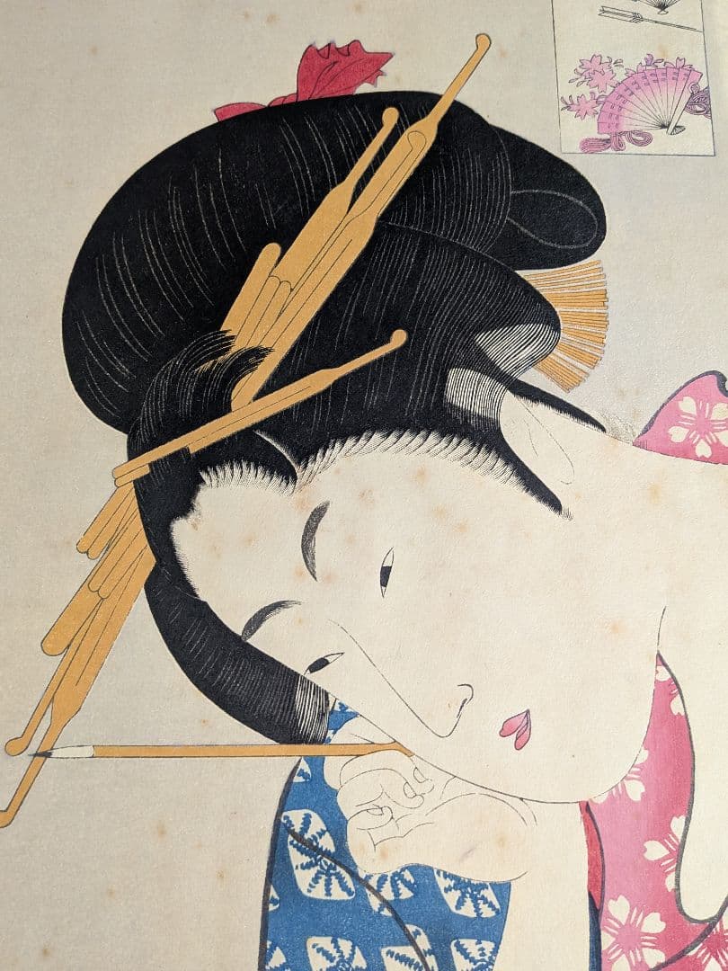 浮世絵美人画高名美人六家撰扇屋花扇額装縦５０Ｘ横４０Ｘ厚さ３センチ額装詳細不明品