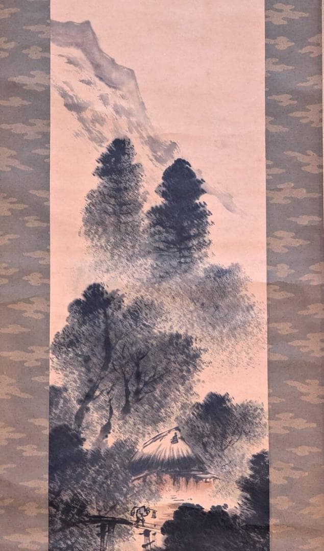 【真作】掛軸　山水図　水墨画　川沿いの茅葺民家　静謐な風景　R174