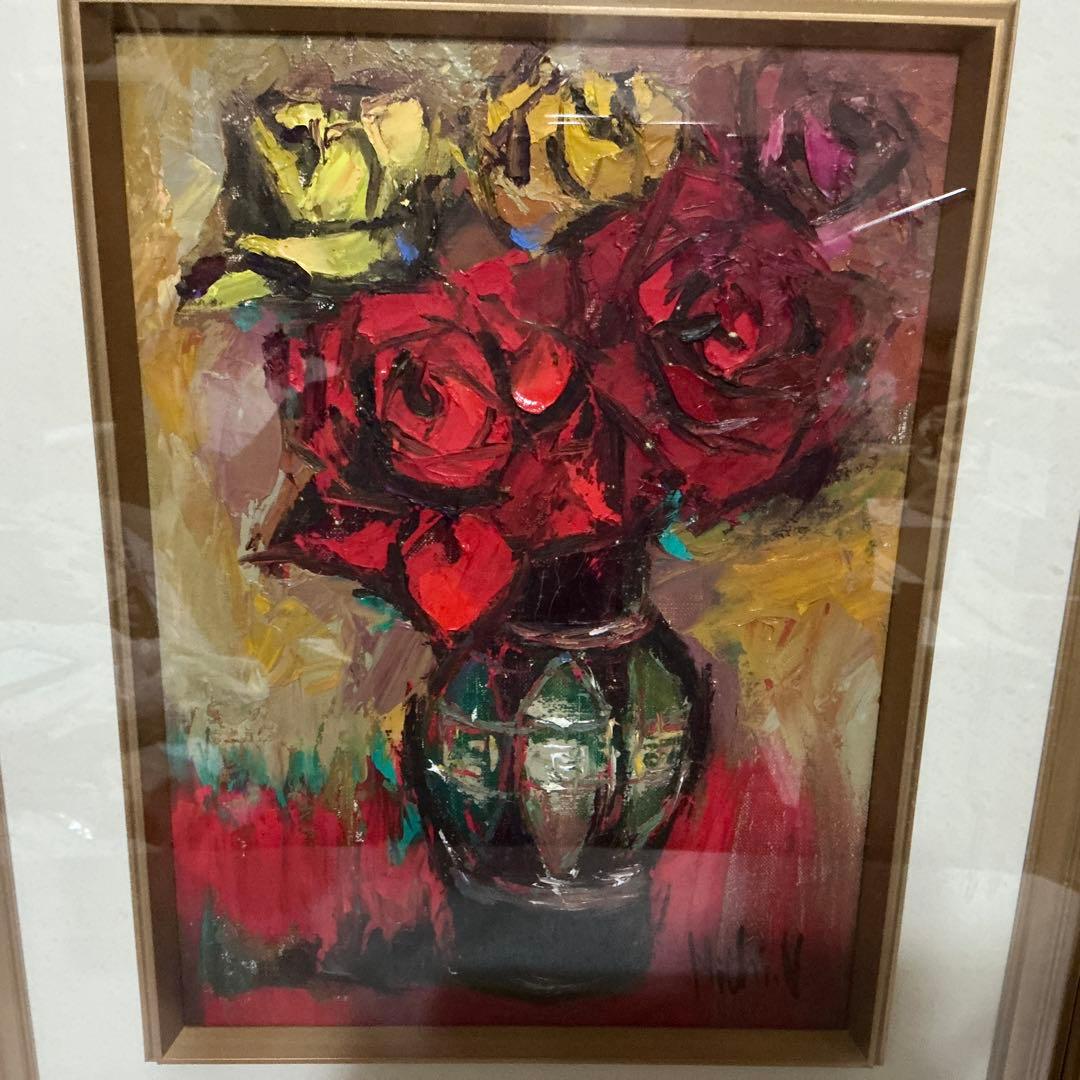 【真作】　長尾美智子　油絵　『薔薇』　F4号　サイン・裏書き有　額装