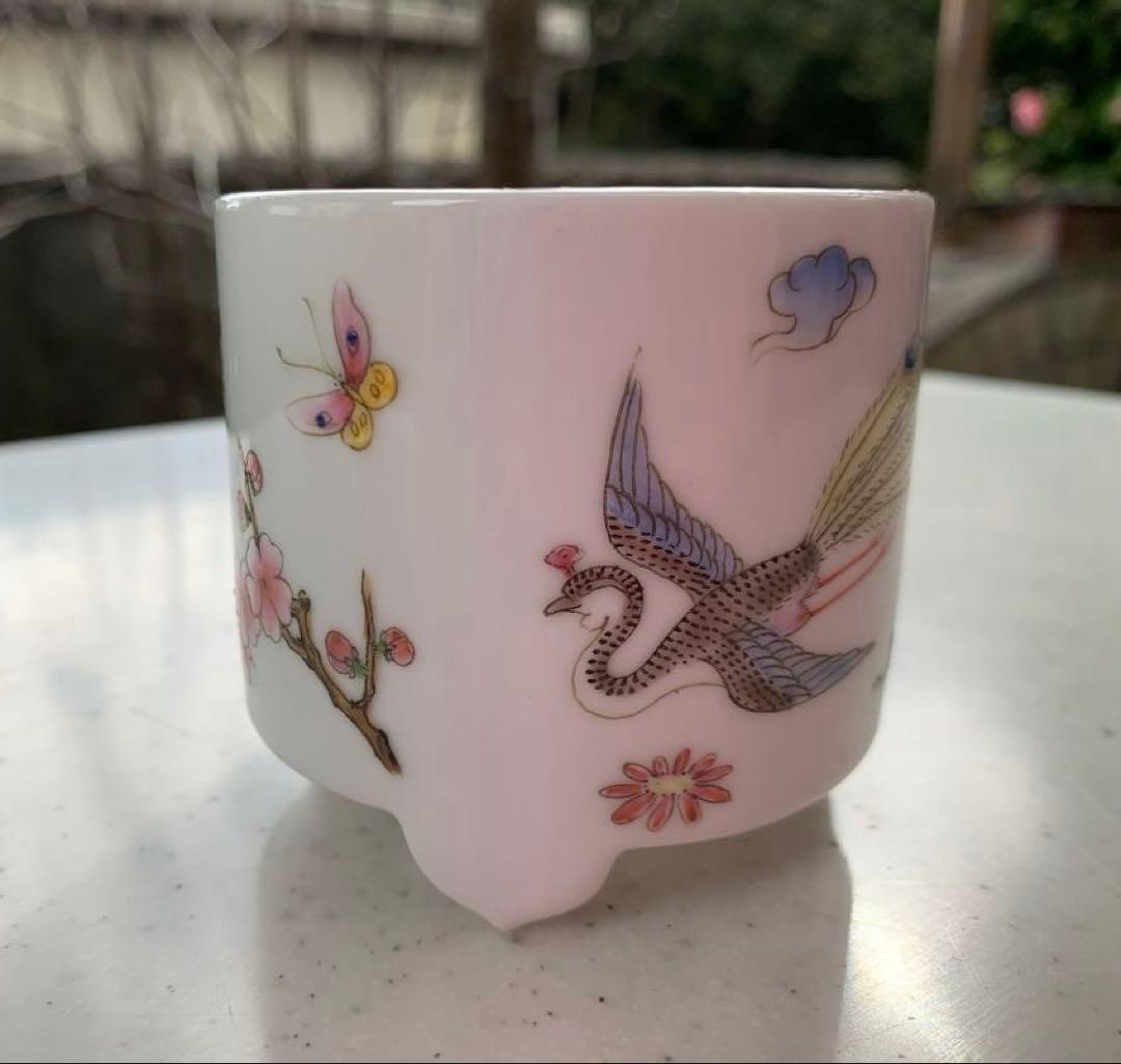 中国　江西省　景徳鎮　粉彩色絵　花鳥模様 香炉　香炉灰