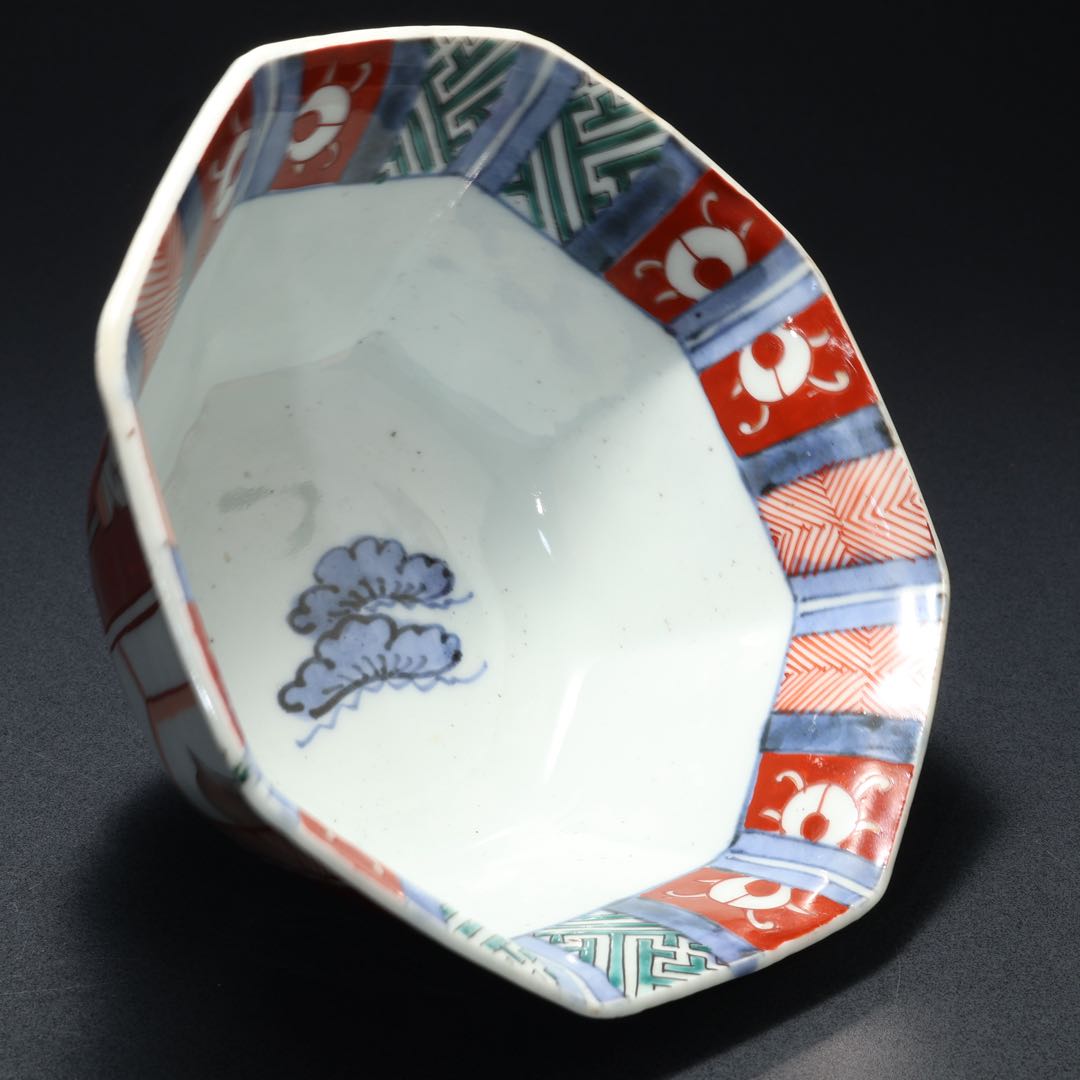 伊万里色絵人物図八角鉢　骨董　古伊万里　R1736ダA