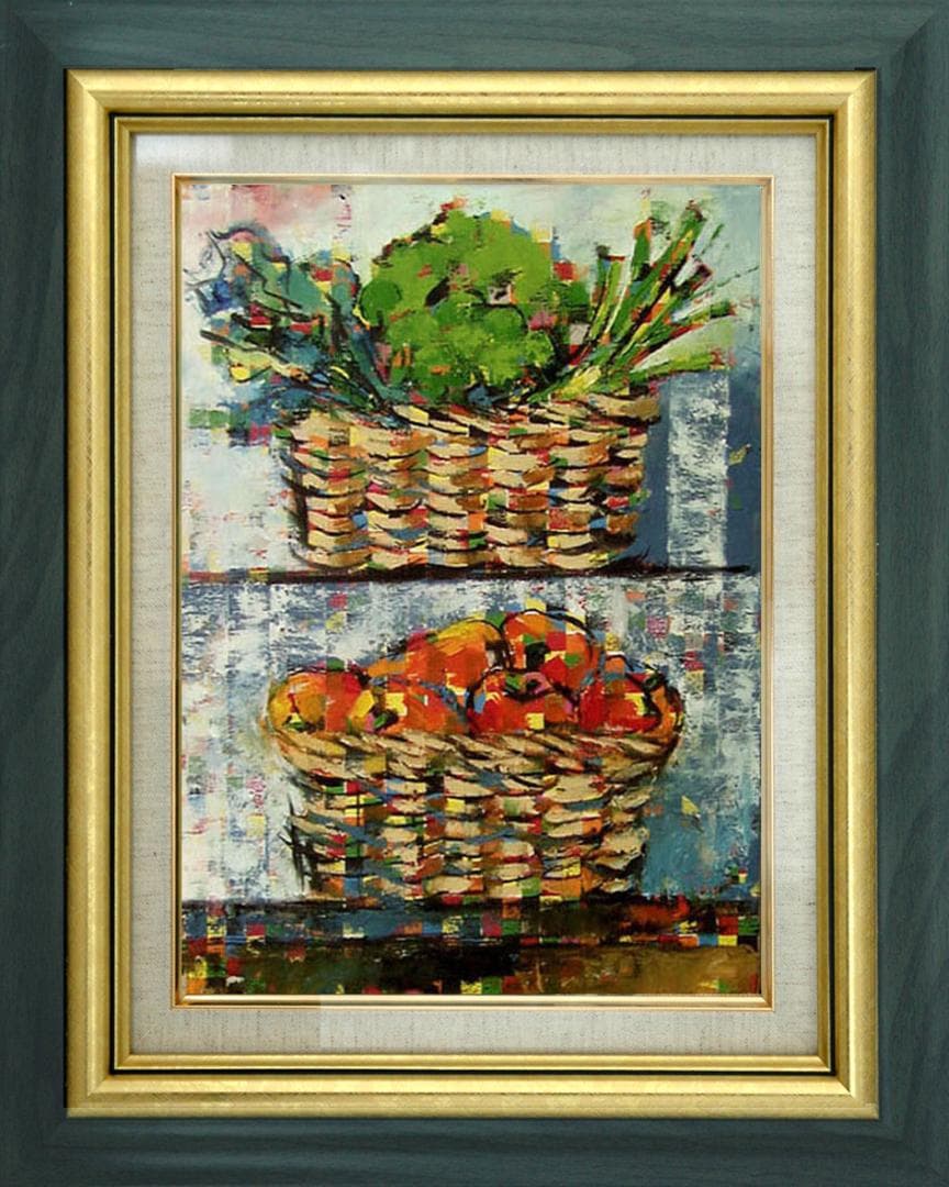 油絵 菅家令子 絵 絵画 インテリア 額付(白）uF6-060903 静物 野菜