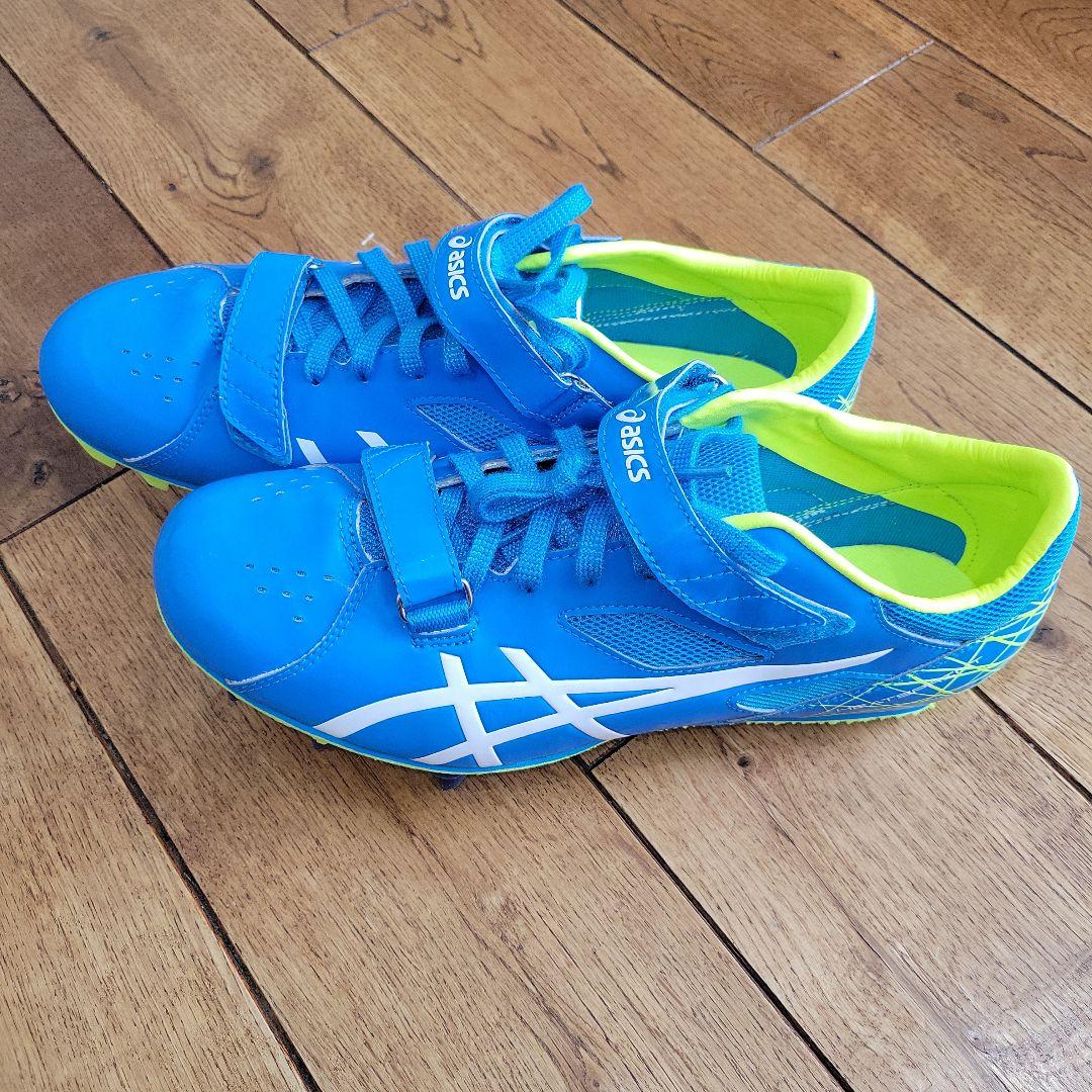 未使用　asics スパイクシューズ 青/黄色　 ベルクロストラップ　ピン付き