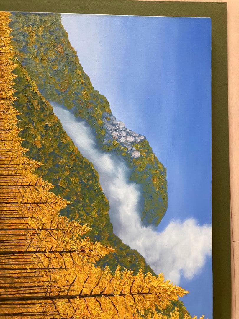 絵画　塚田國次　秋のカラ松林と梓川