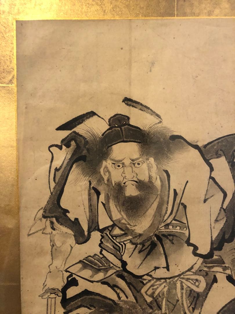 水墨画 武士と獅子 金箔背景　葛飾北斎