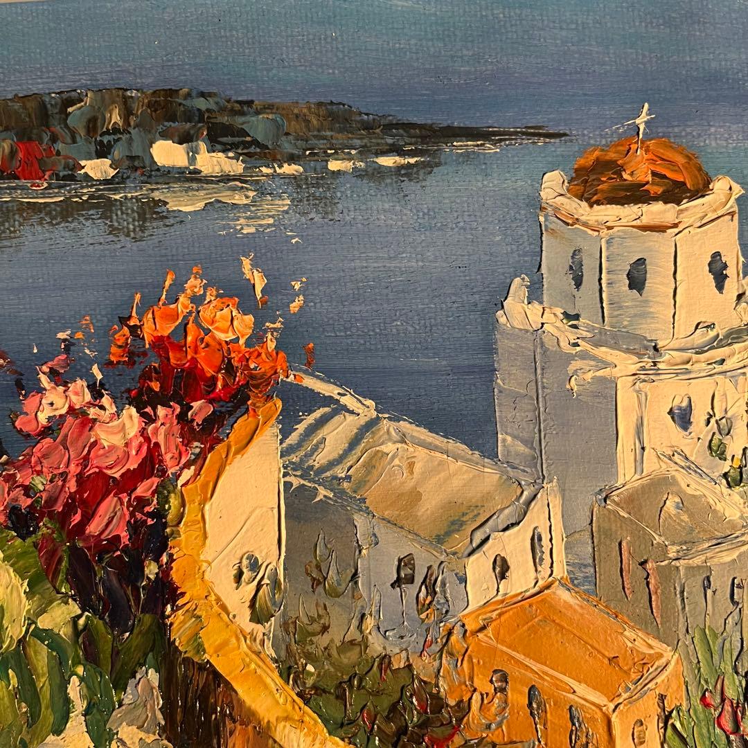 手書き油絵 サントリーニの風景 額付 インテリア 油彩画 肉筆絵画