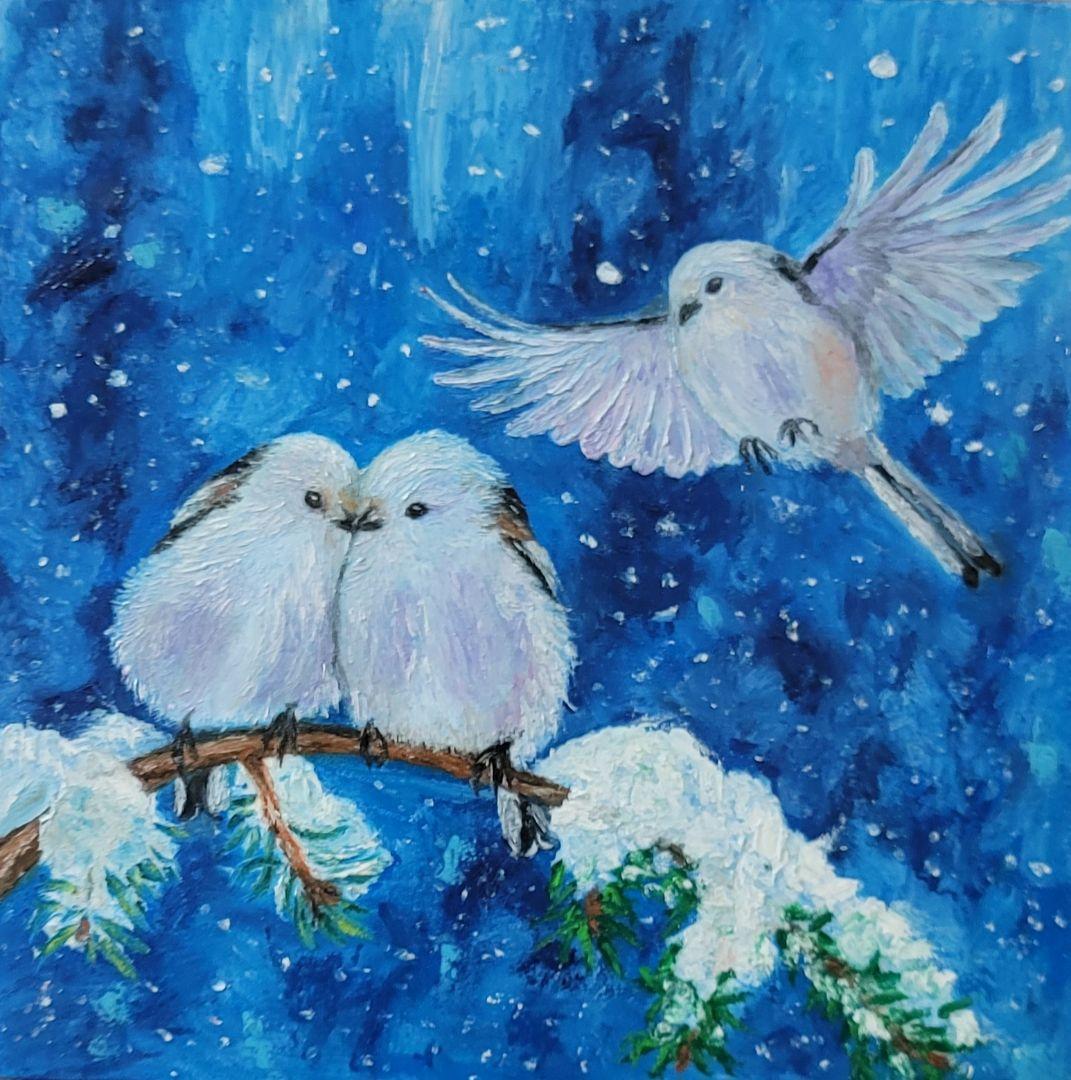 オイルパステル原画「雪の妖精と冬の青」