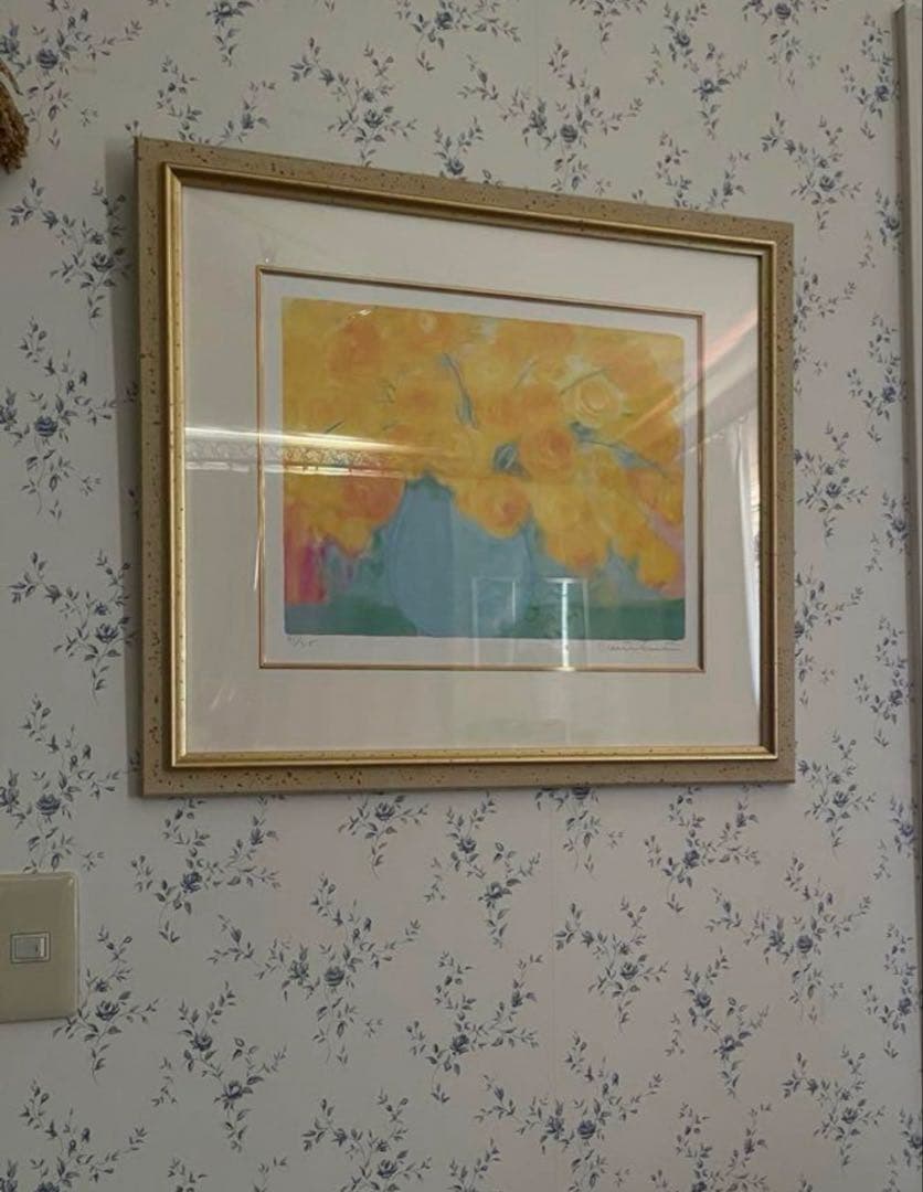 額入りリトグラフ　版画　サイン・エディションあり　インテリアアート　黄色　花の絵
