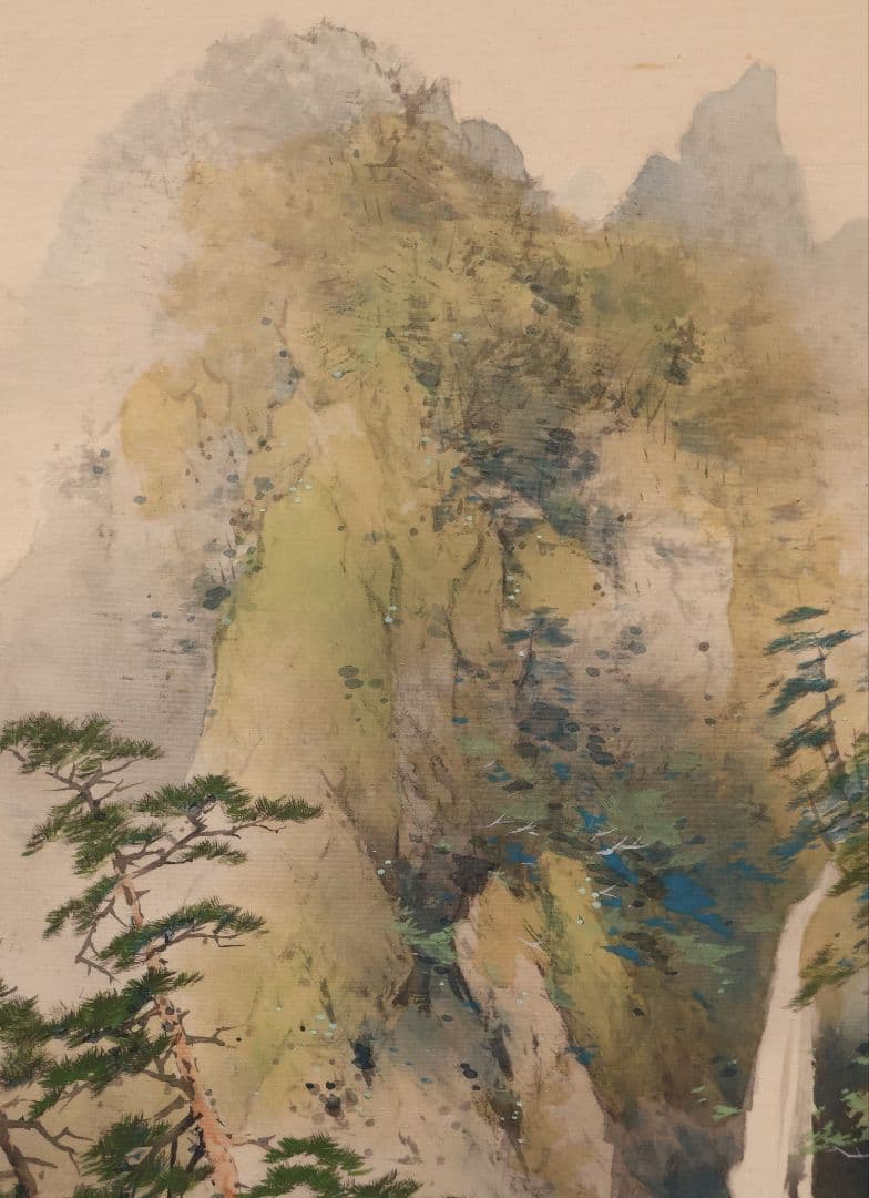 【真作】日本画 中土大至良 彩色山水図 滝 風景 絹本 掛軸 昭和期 MB320