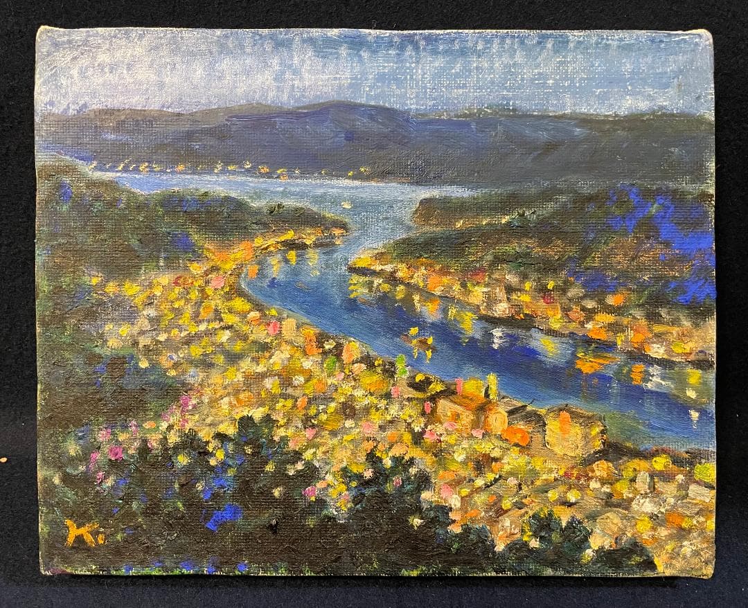 「真作」作者不明「尾道夜景」風景画　油彩画　額装　サイン有り　F3号