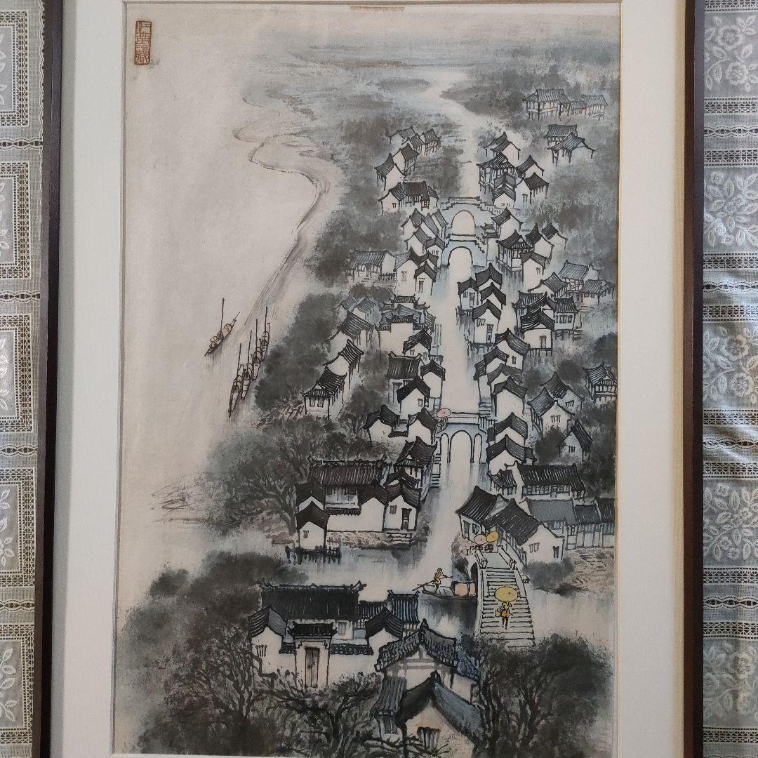 作者不詳　直筆大判山水水墨画『上海景勝地　江南水郷』