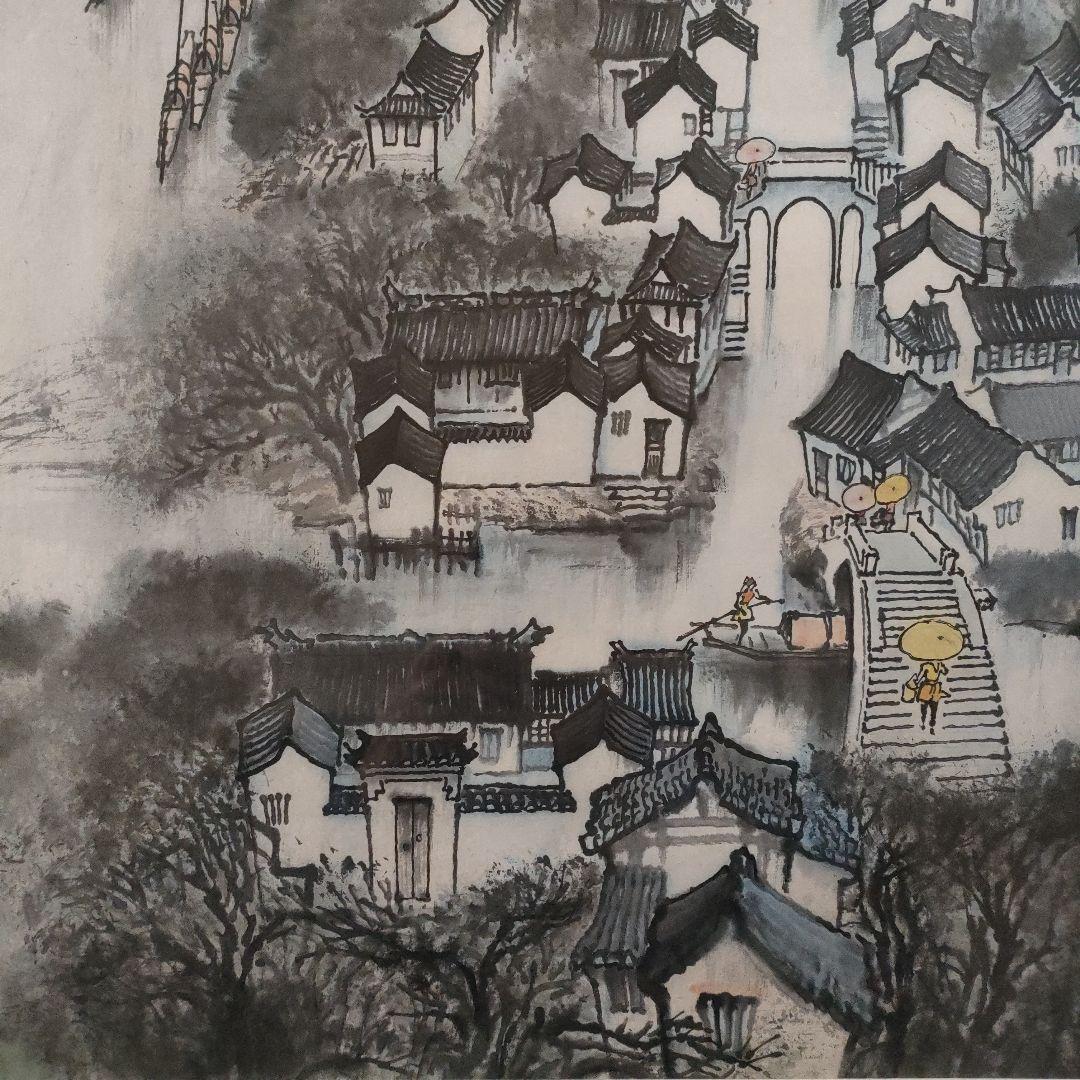 作者不詳　直筆大判山水水墨画『上海景勝地　江南水郷』