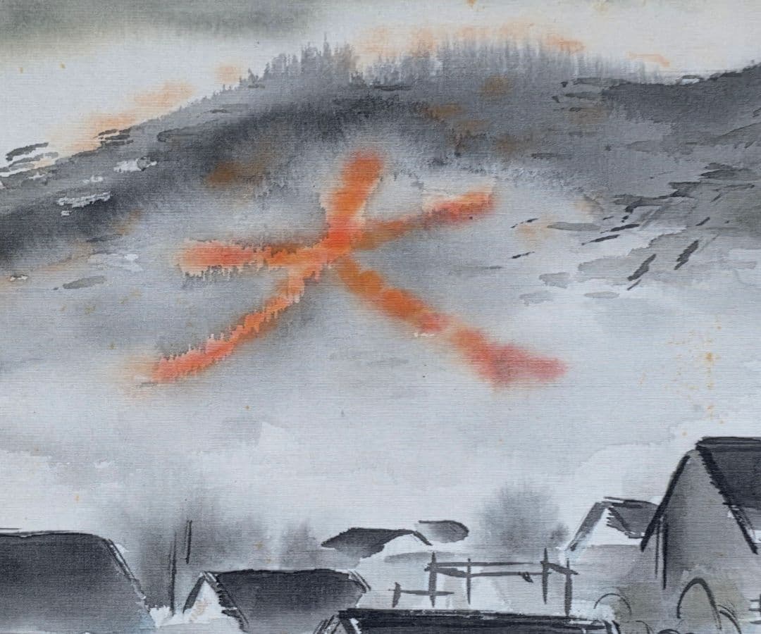 【京都大文字送り火夜景図】佐野光穂 1017 掛け軸 肉筆 鴨川