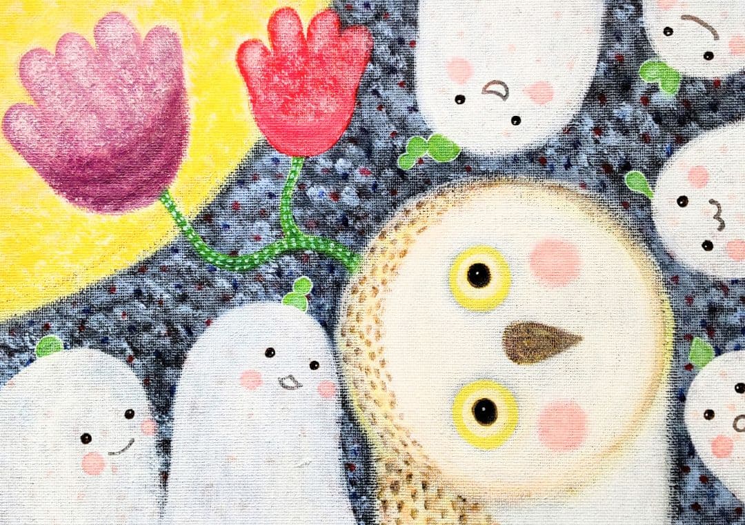 絵画 原画『花咲く夜の話』キャンバス(F4号) ふくろう 月 幸せ 一点もの