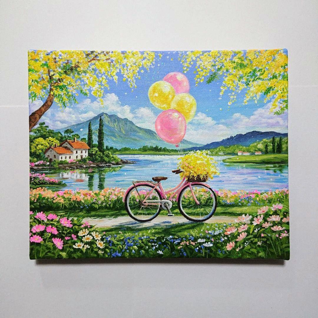 【湖畔のミモザ】アクリル画 F3 風景画 絵画
