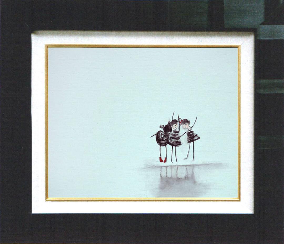 油絵 菅家令子 絵 絵画インテリア額付(青緑＋金色の枠) F4-081514子供