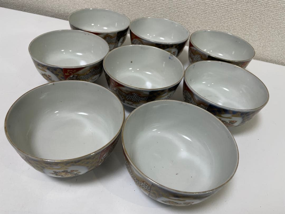 【現状品】古伊万里 陶器 蓋付茶碗 煮付椀 赤絵 金彩 菊柄 割烹 懐石 8個