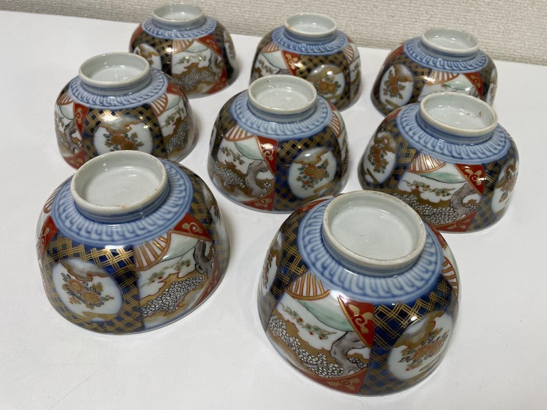 【現状品】古伊万里 陶器 蓋付茶碗 煮付椀 赤絵 金彩 菊柄 割烹 懐石 8個