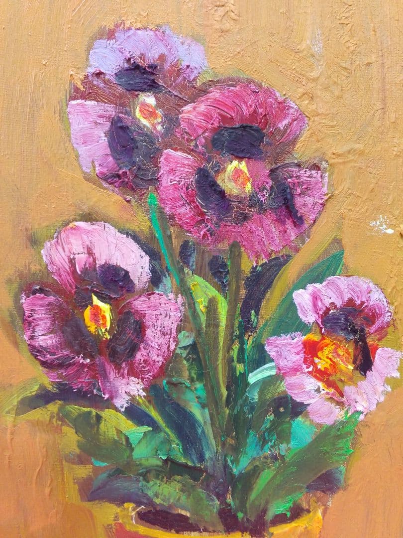 絵画シリーズNO2 油彩画 静物画 花 西澤栄一画伯 画題 「パンジー」 F3号
