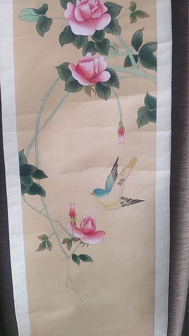 中国絵画 絹本彩色 花鳥図 掛け軸 アンティーク 中国美術 唐物