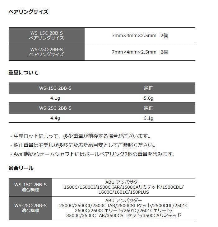 Avail　アブ用　アルミウォームシャフトS　WS-25C-2BB-S
